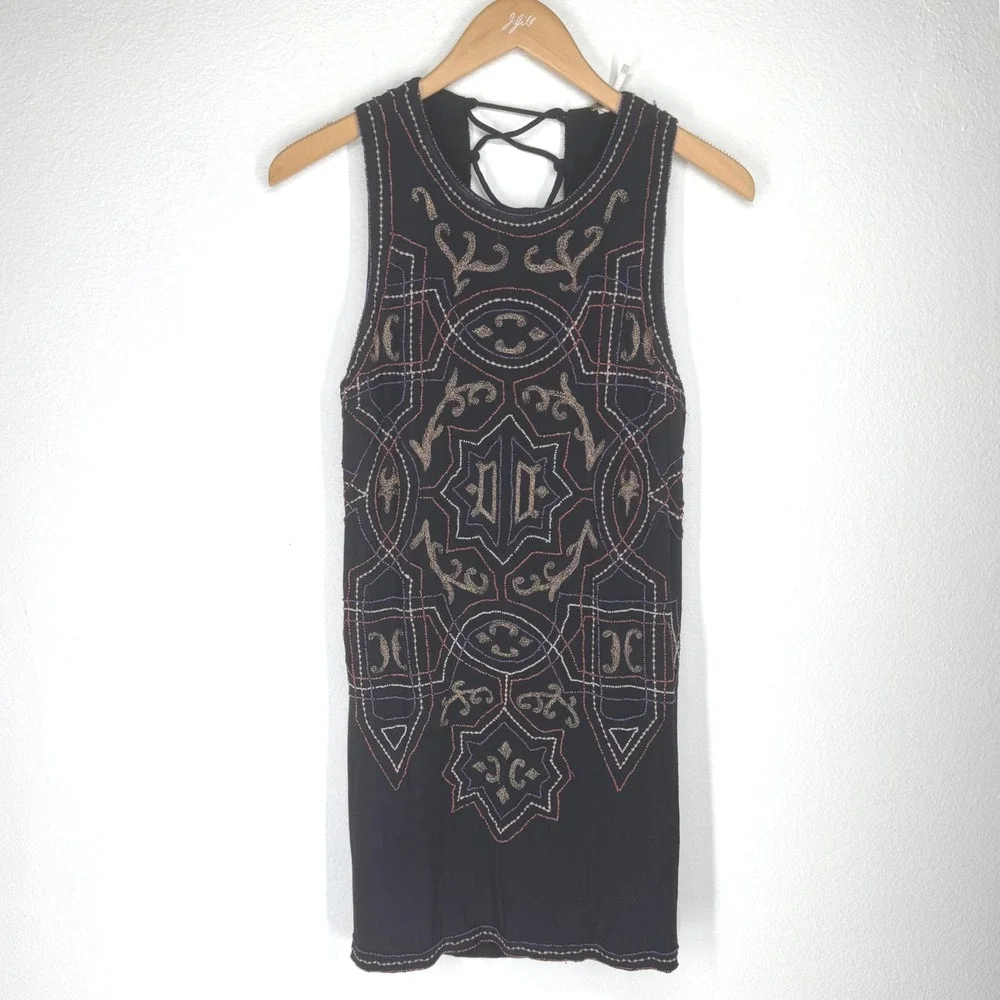 Free People Beaded Embroidered‎ Lace Up Open Back Mini Dress 2 Black Festival